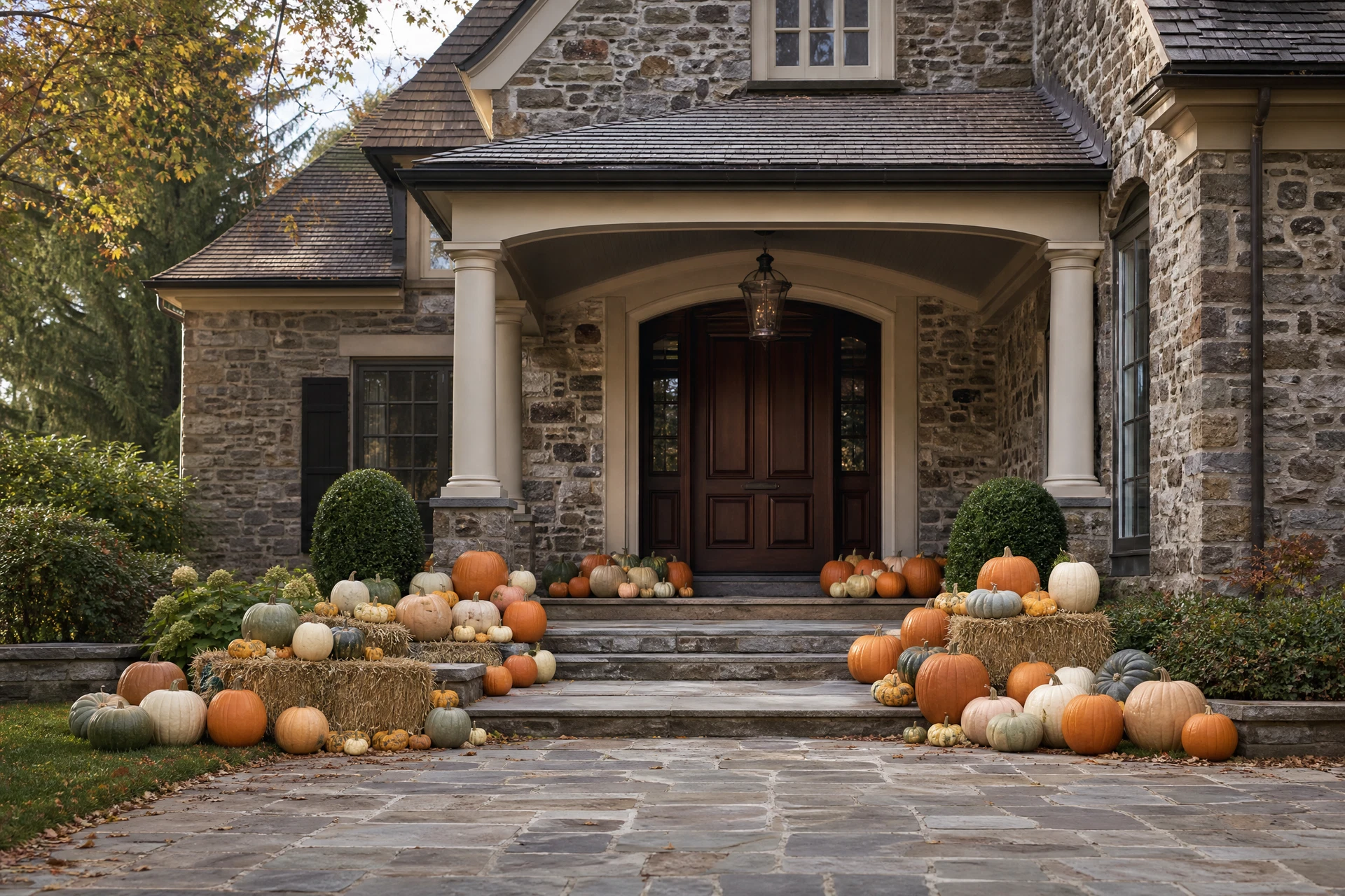 AI-generated Estate Harvest display at a stone estate entrance