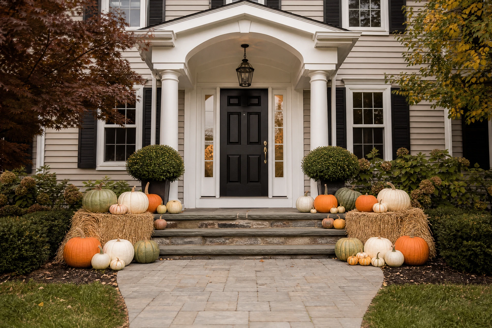 AI-generated Signature Porch pumpkin display at a classic colonial home