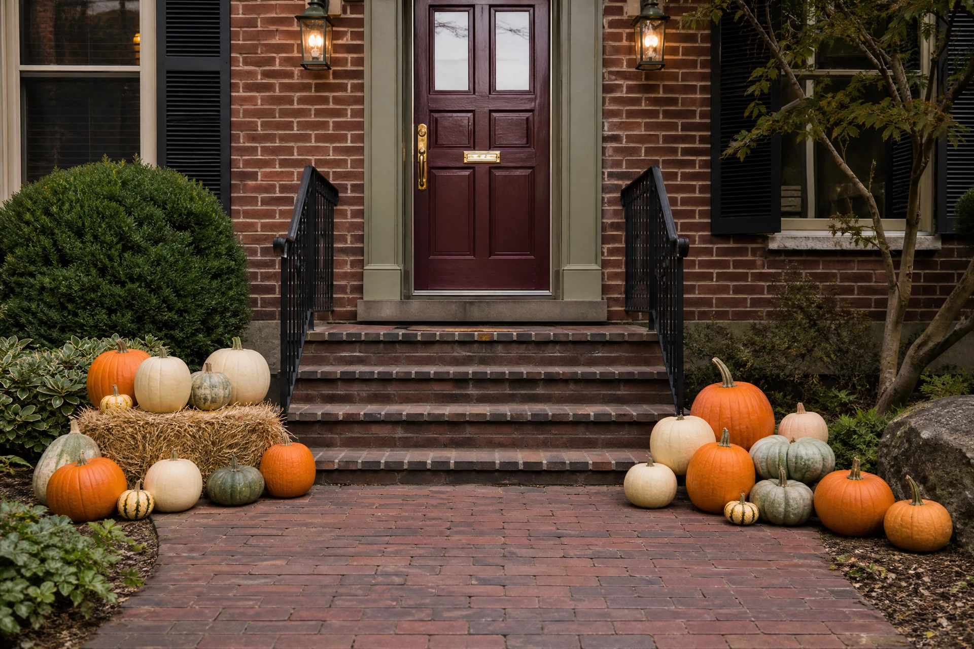 AI-generated Starter Steps pumpkin display at a brick rowhome
